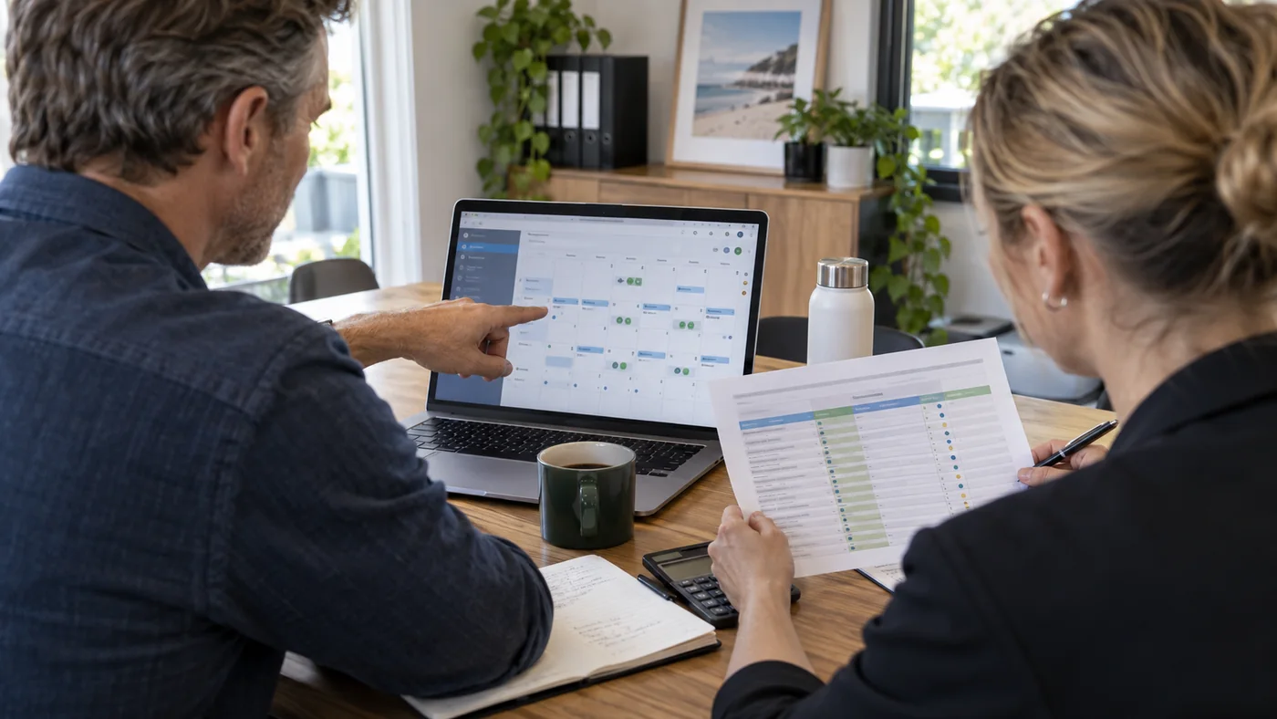 A business owner and accountant review a payroll calendar alongside weekly cash flow and super contribution planning.