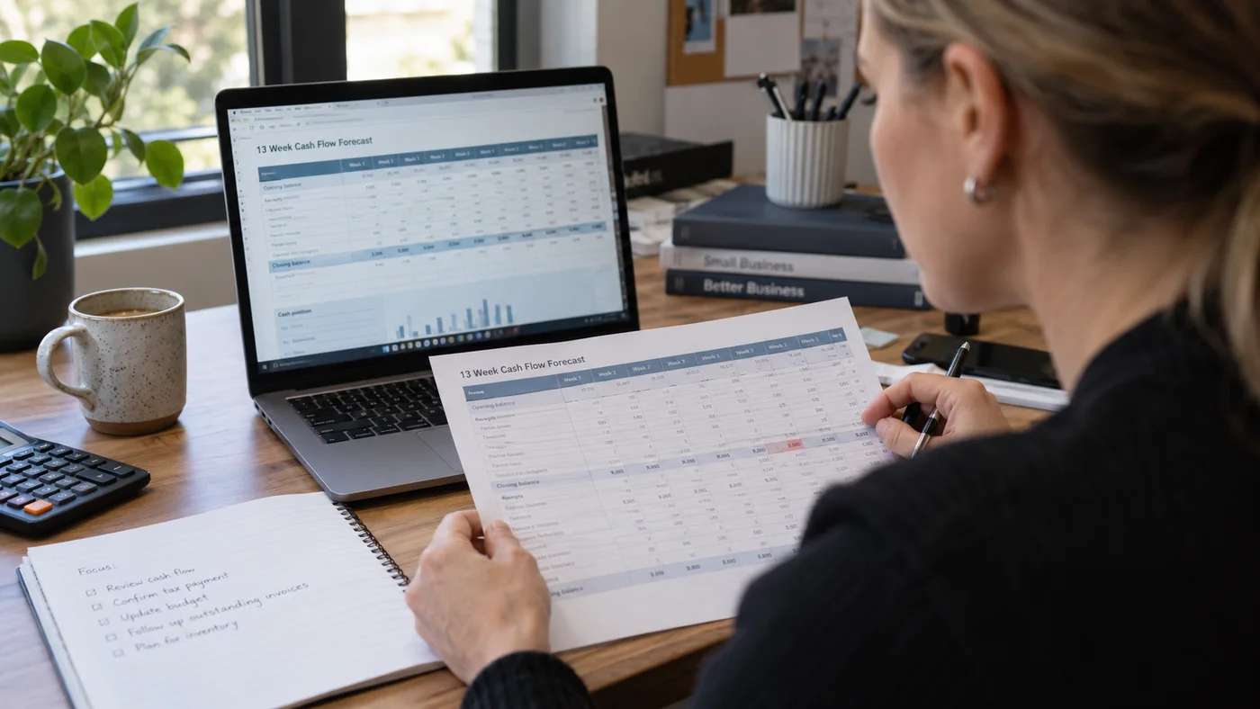 A business owner reviews a 13 week cash flow forecast showing weekly receipts, payments and closing balances.