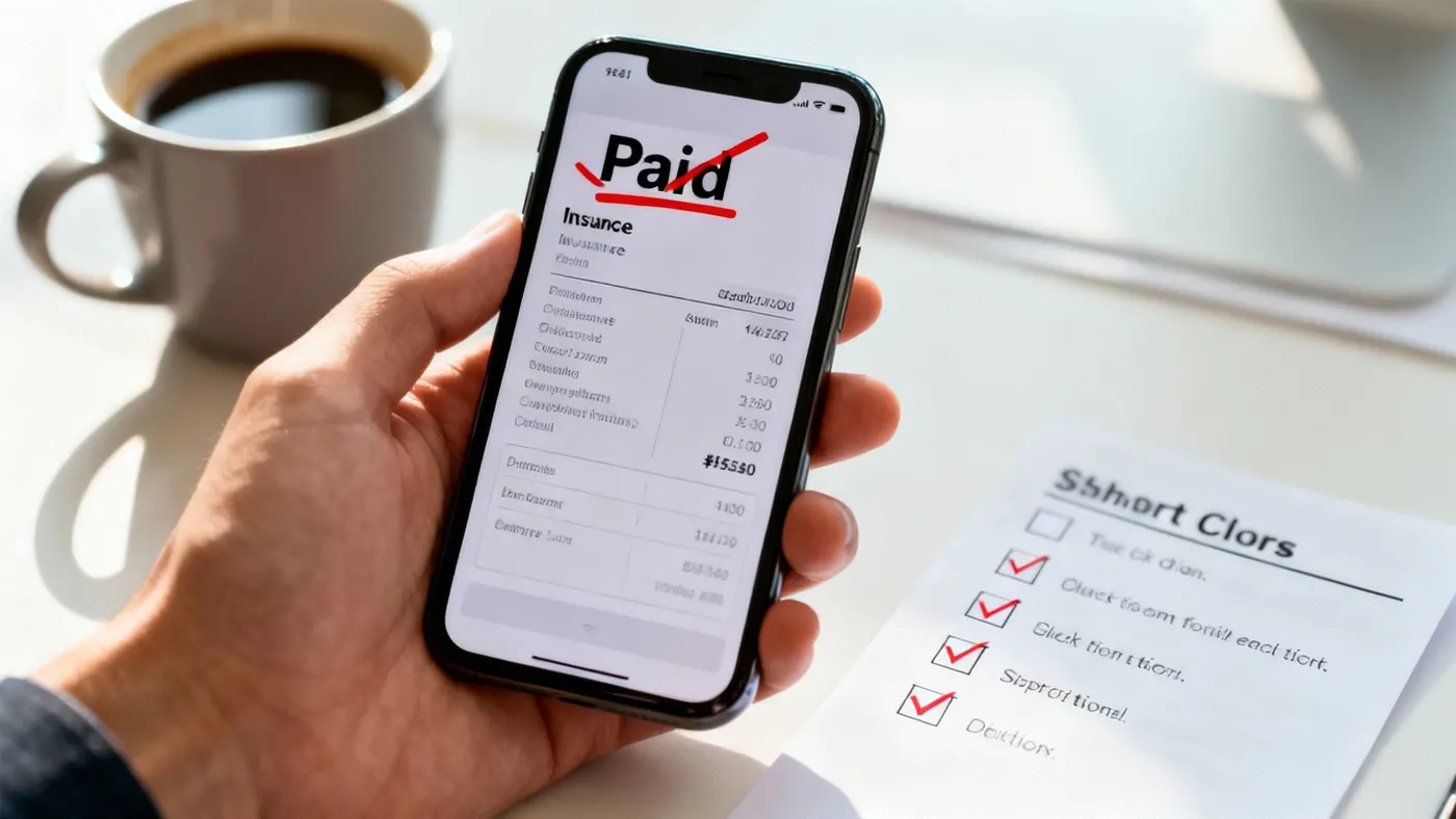 A hand holding a phone showing an invoice marked as paid, beside a coffee and a printed checklist.