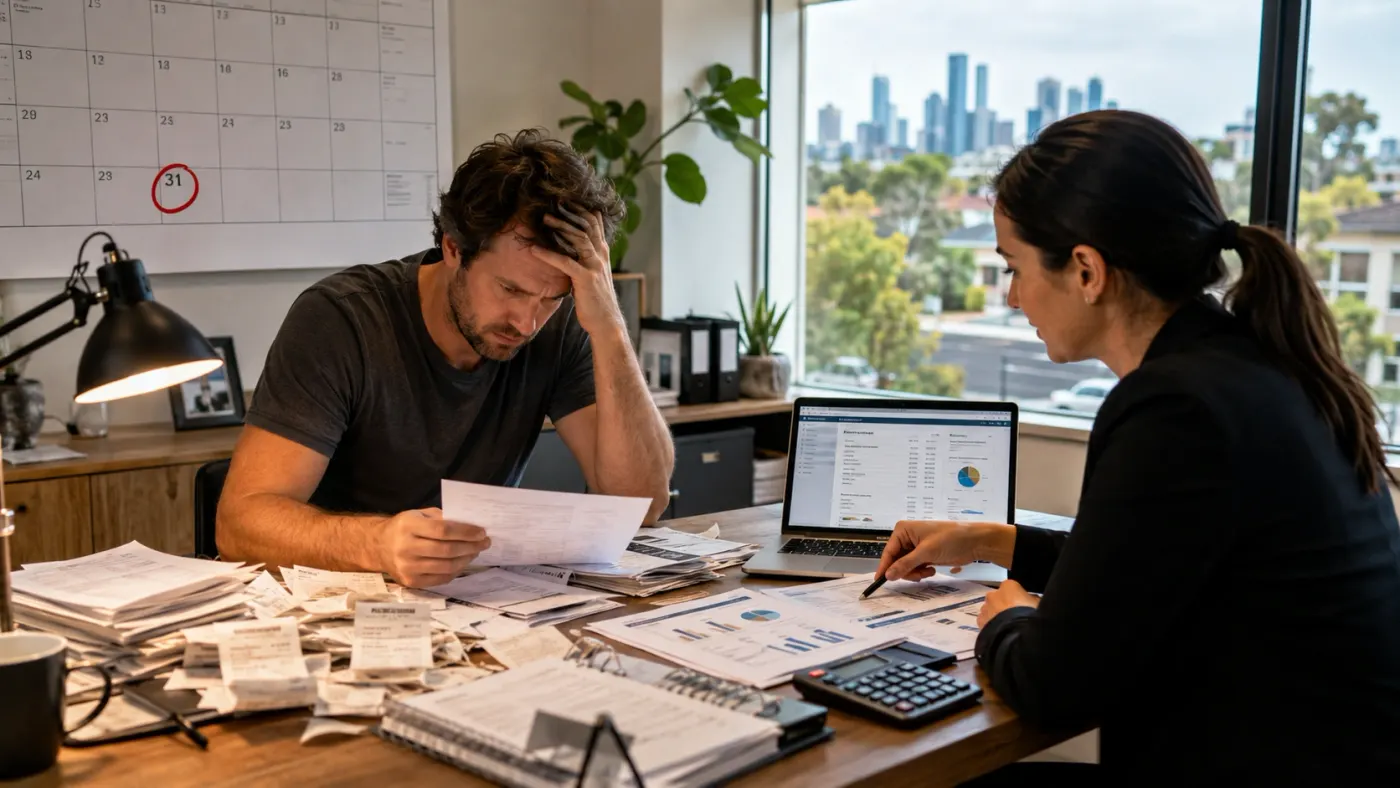A man surrounded by loose receipts looking overwhelmed while an accountant points at figures on a laptop.