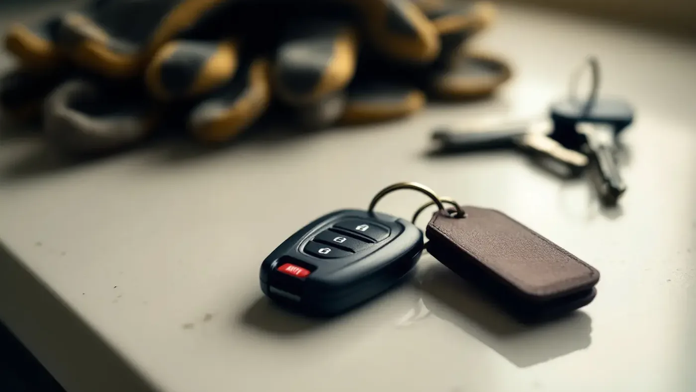 A vehicle key fob with a leather tag resting on a pale workshop benchtop, work gloves blurred in the background.