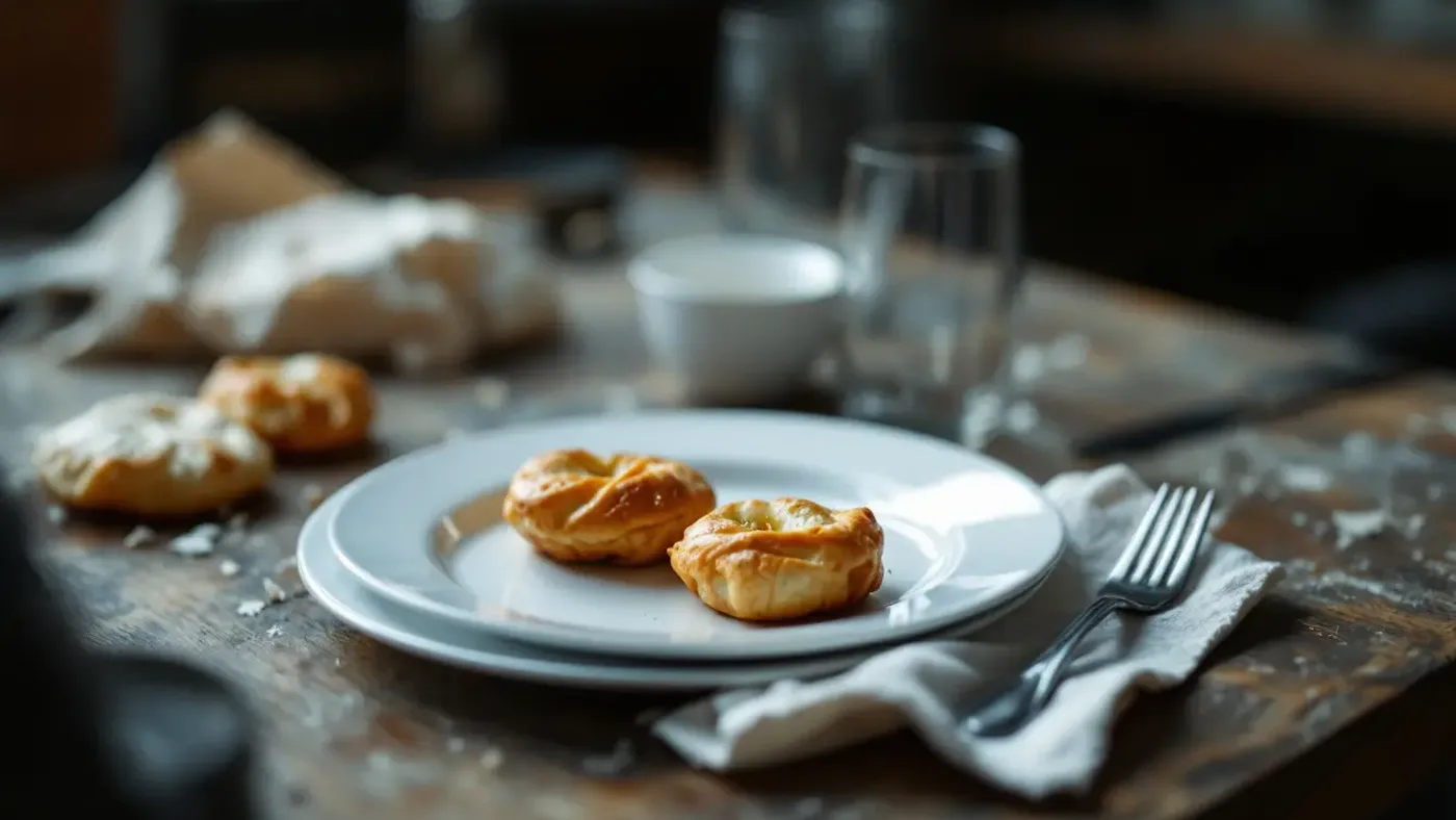 Leftover pastries on a plate, a crumpled napkin and two empty glasses on a workshop bench after a staff gathering.