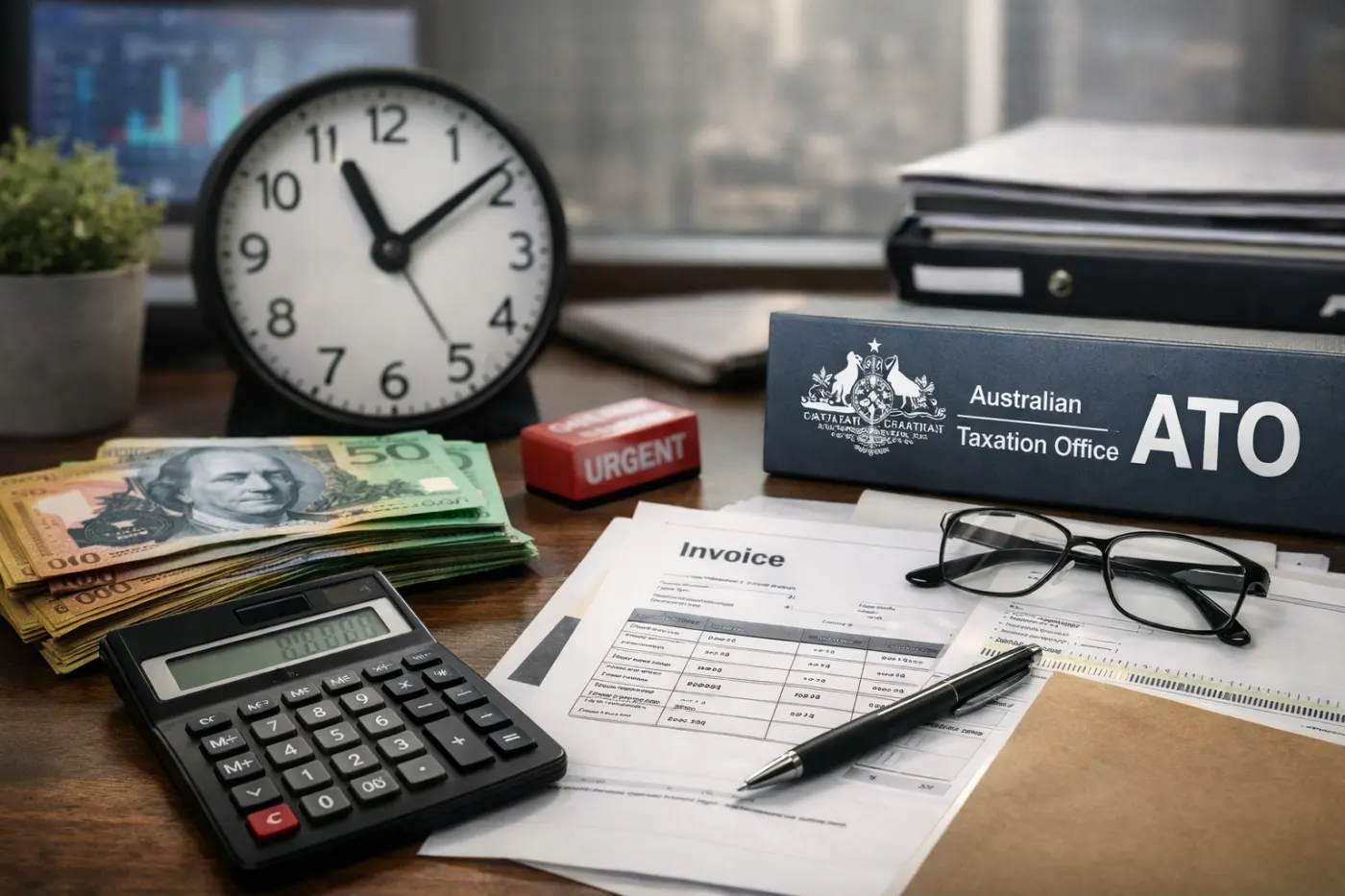 A desk with an unpaid invoice, a calculator, cash and a clock, next to a folder of tax office paperwork.