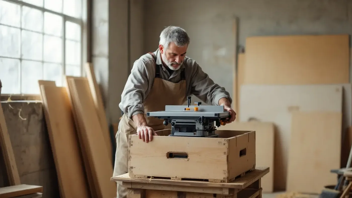 A cabinetmaker lifting a new benchtop machine out of a wooden packing crate in a small joinery workshop.