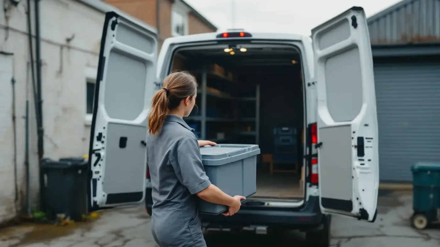 A tradesperson sliding a plastic crate into the open rear doors of an unmarked white work van in a workshop yard.