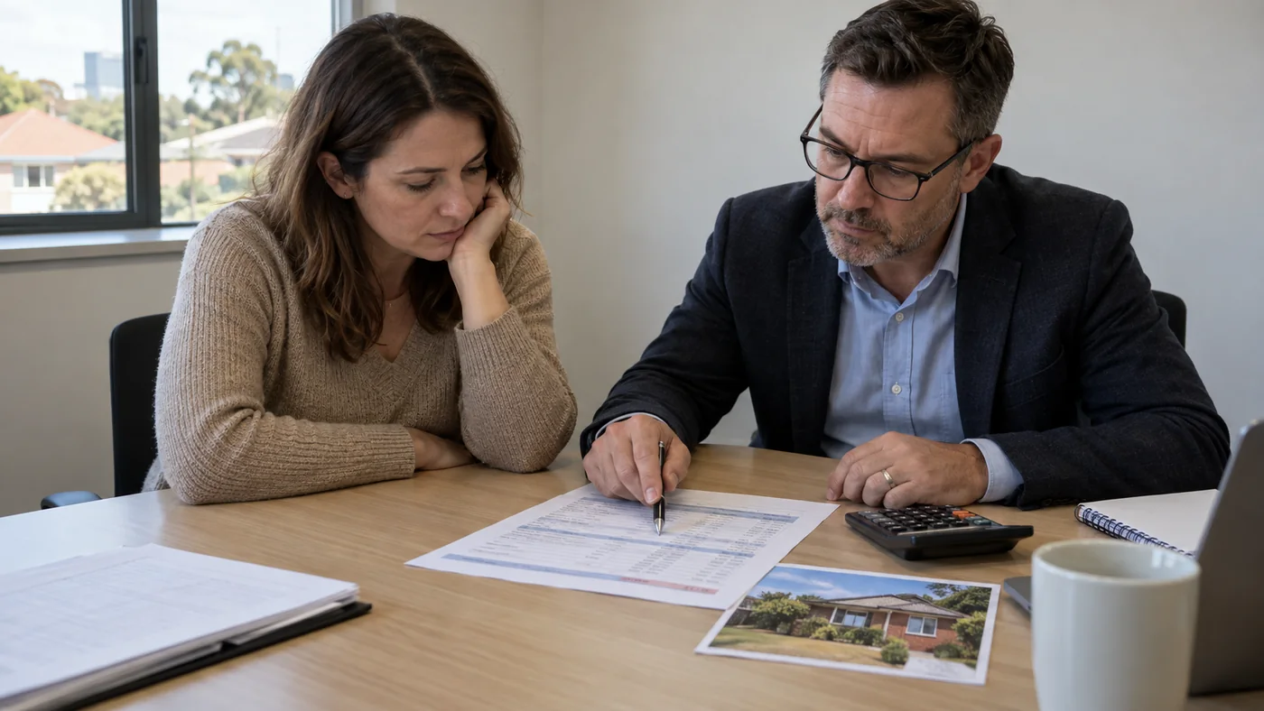 An investor and accountant review rental property income and expenses beside a photograph of an established house.