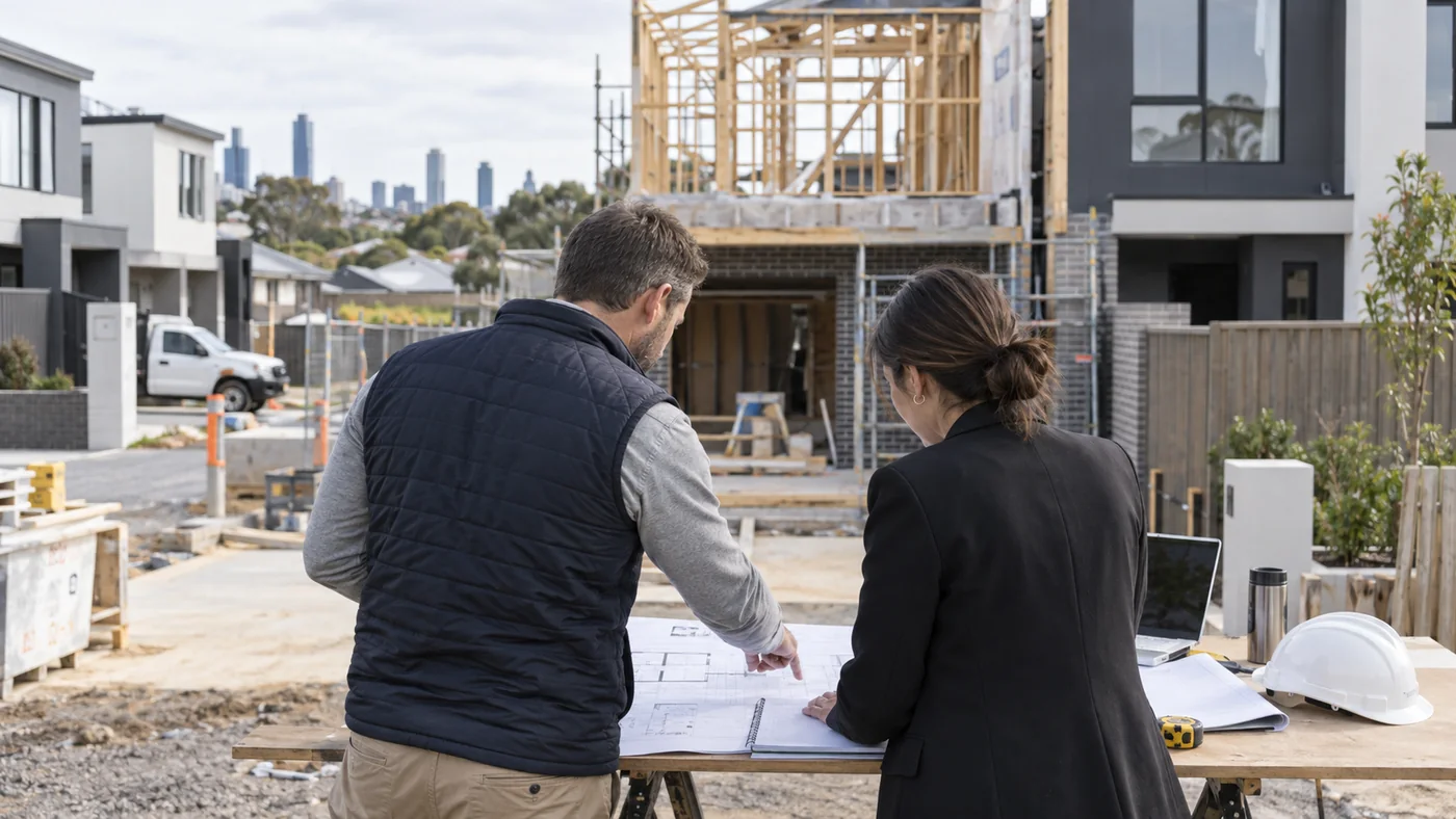 An investor and adviser review residential building plans beside a new townhouse under construction.