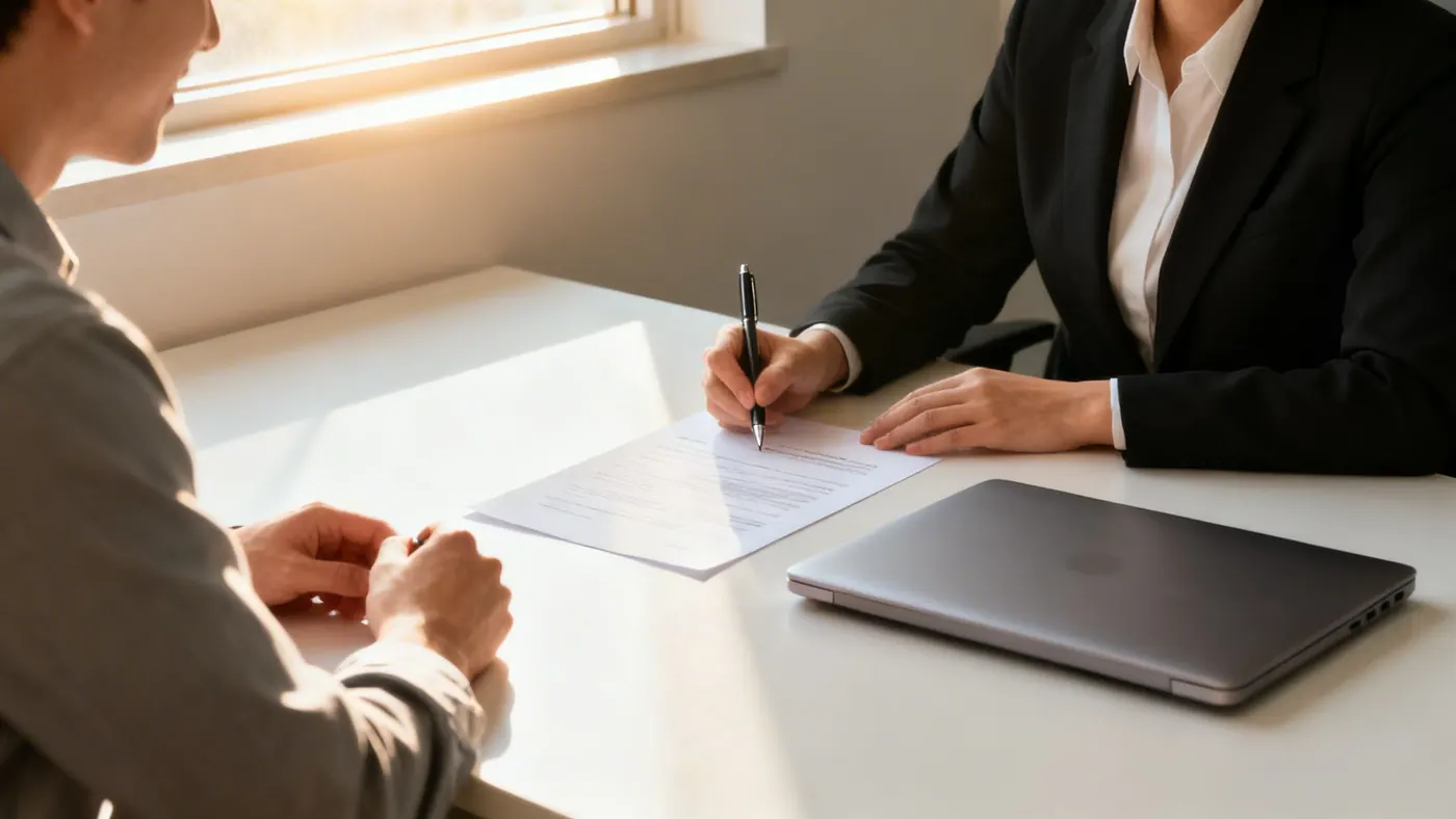 Two people at a desk, one signing a salary sacrifice agreement while the other looks on.