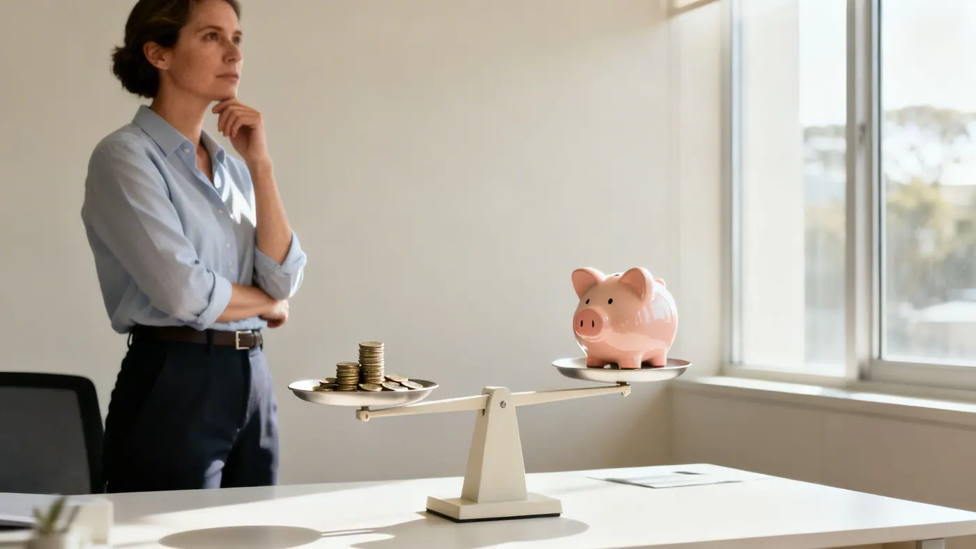 A woman considering a set of scales weighing a stack of coins against a piggy bank.