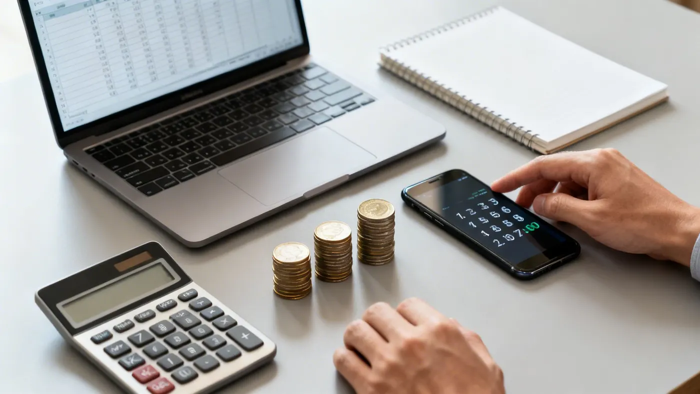 A desk with a spreadsheet open on a laptop, a calculator, stacks of coins and a phone being used to work out a figure.