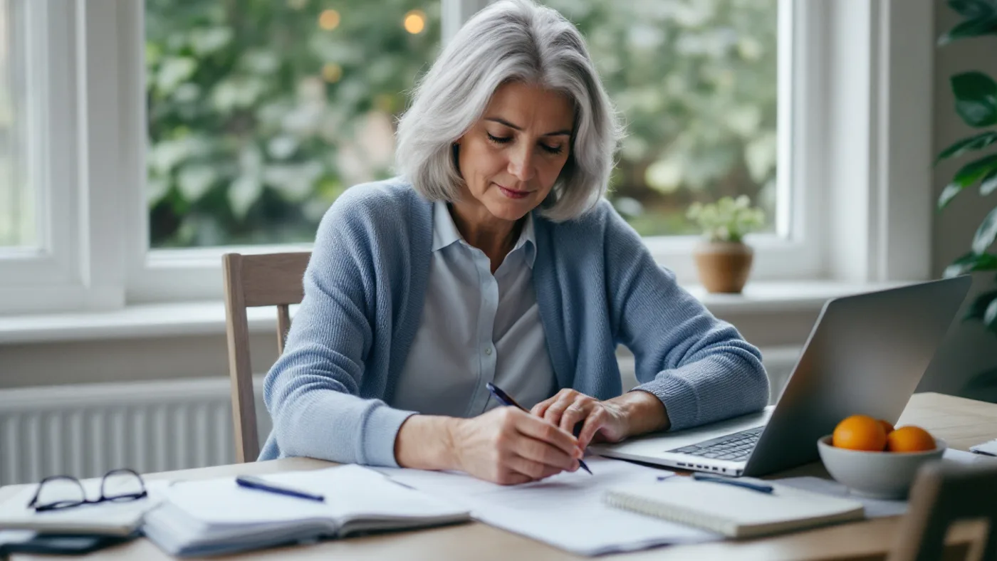 A woman working through superannuation paperwork at her dining table.