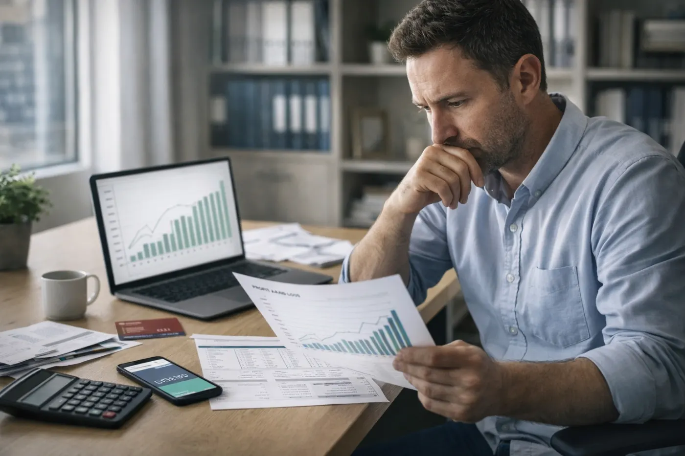 A business owner studying a printed financial chart at his desk, a laptop showing rising sales beside him.