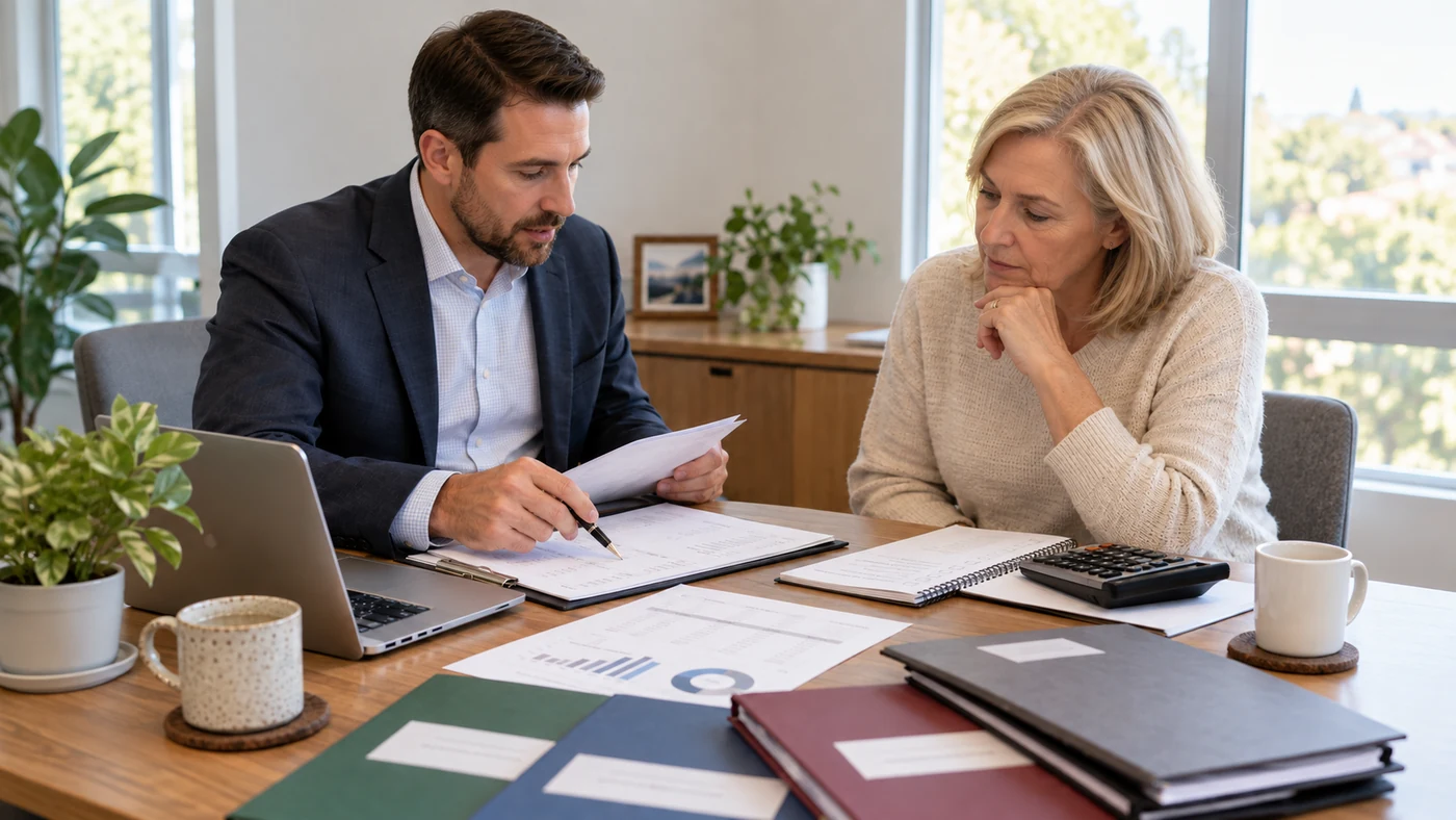 Reviewing self managed super fund setup and ongoing costs An Australian couple reviews the setup and ongoing costs of a self managed super fund with their accountant.