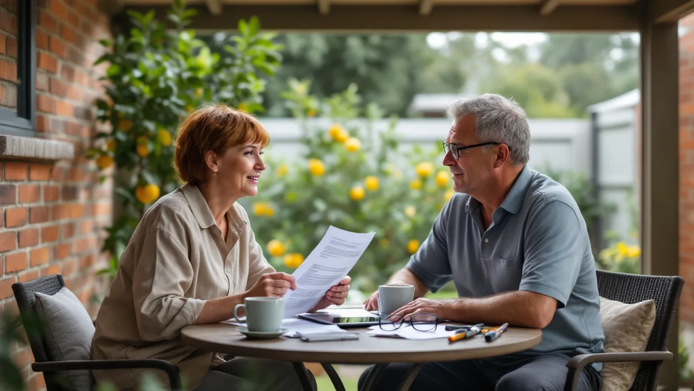 A couple going through fund paperwork together at a table on their back veranda.