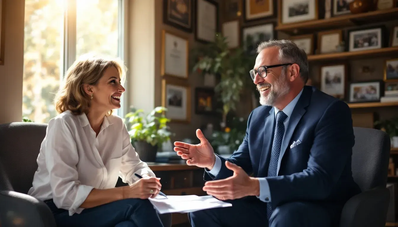 An accountant talking a client through a document in an office, both mid-conversation.