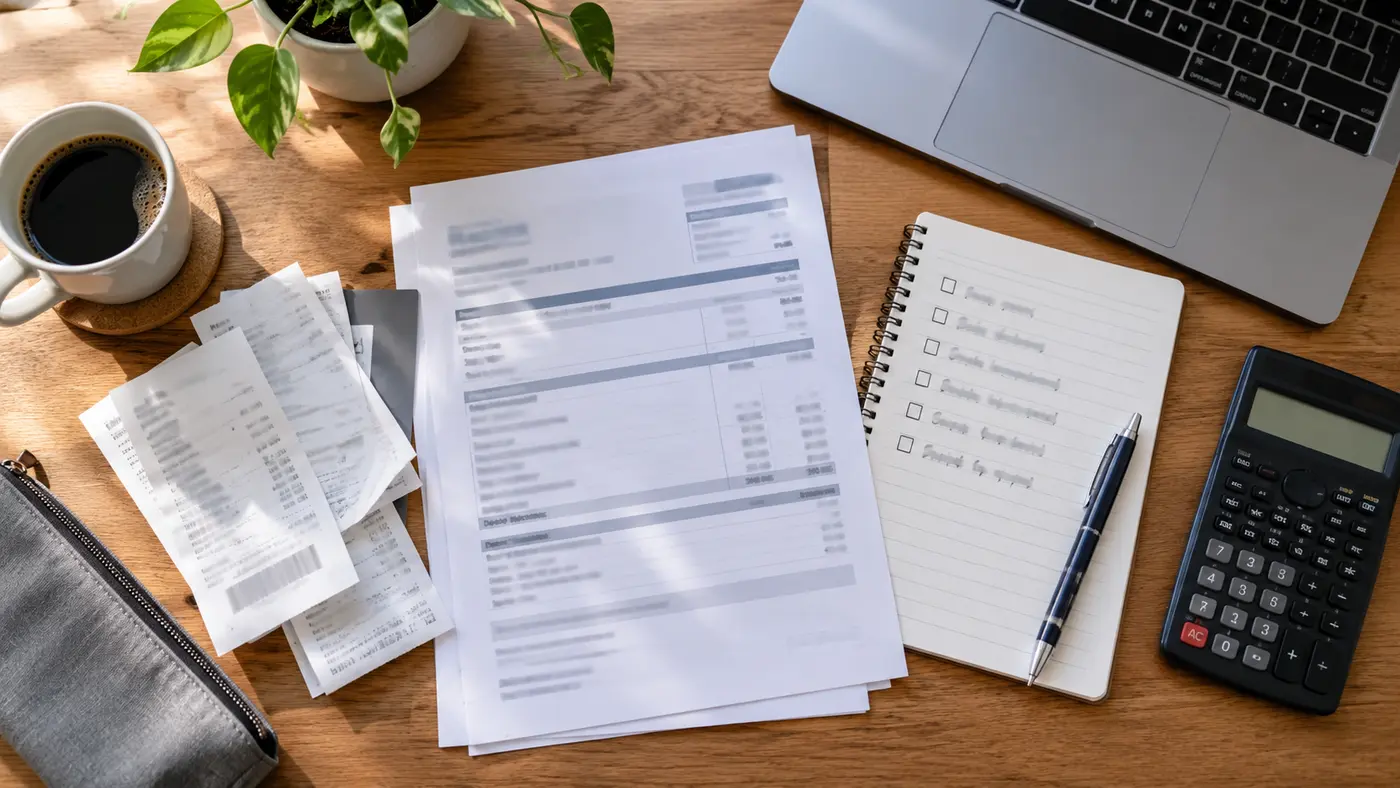 Documents used to estimate an Australian tax refund Australian income records, work expense receipts, a deductions checklist and calculator arranged for a tax refund estimate.