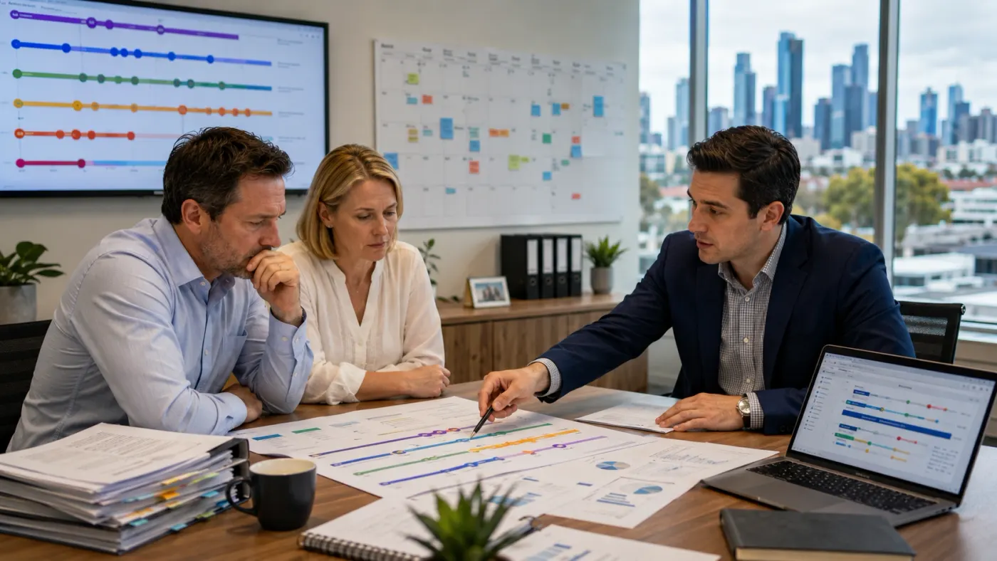 An adviser walking two business owners through a printed compliance timeline in a meeting room.