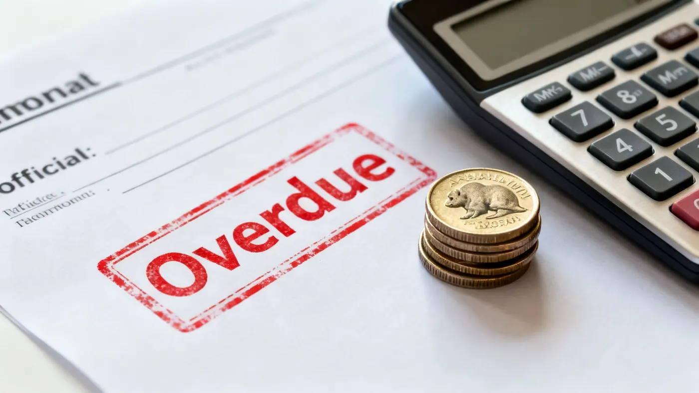 A tax notice stamped Overdue in red, beside a stack of coins and a calculator.