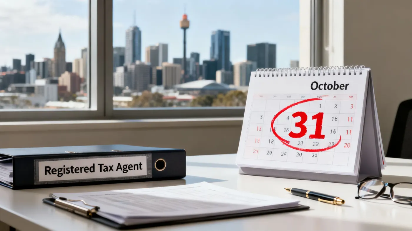 A desk calendar with 31 October circled in red, beside a folder labelled Registered Tax Agent.