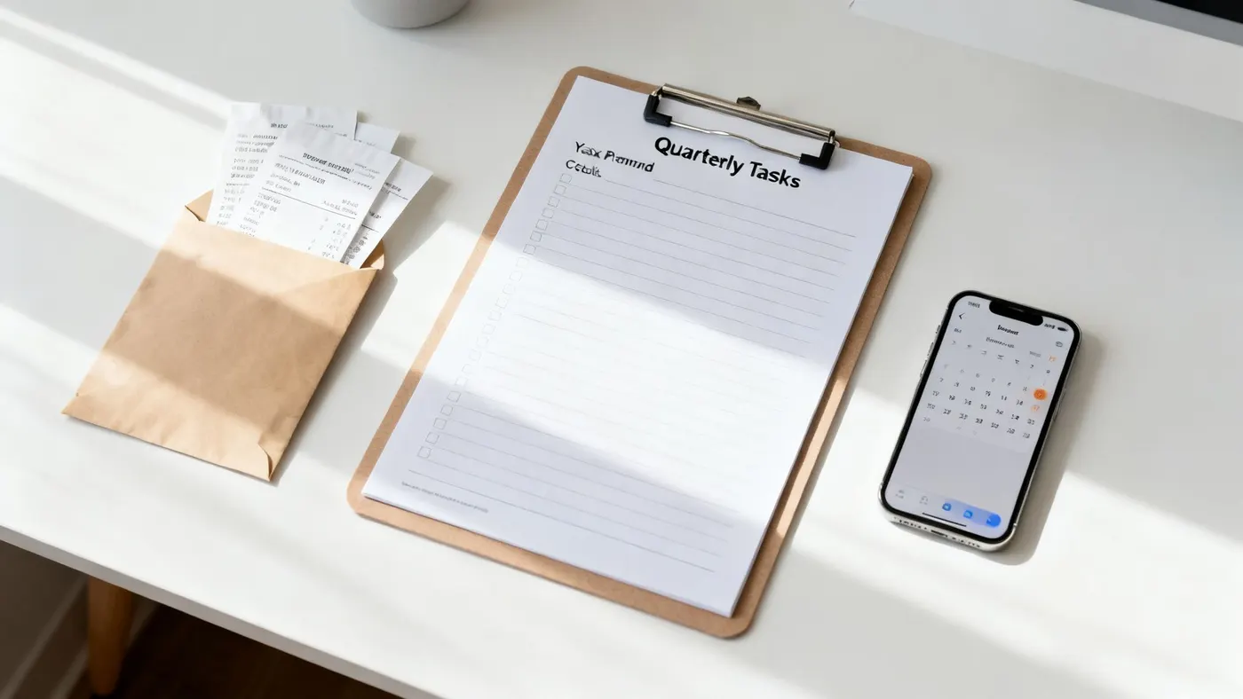 A clipboard headed Quarterly Tasks beside an envelope of receipts and a phone showing a calendar.