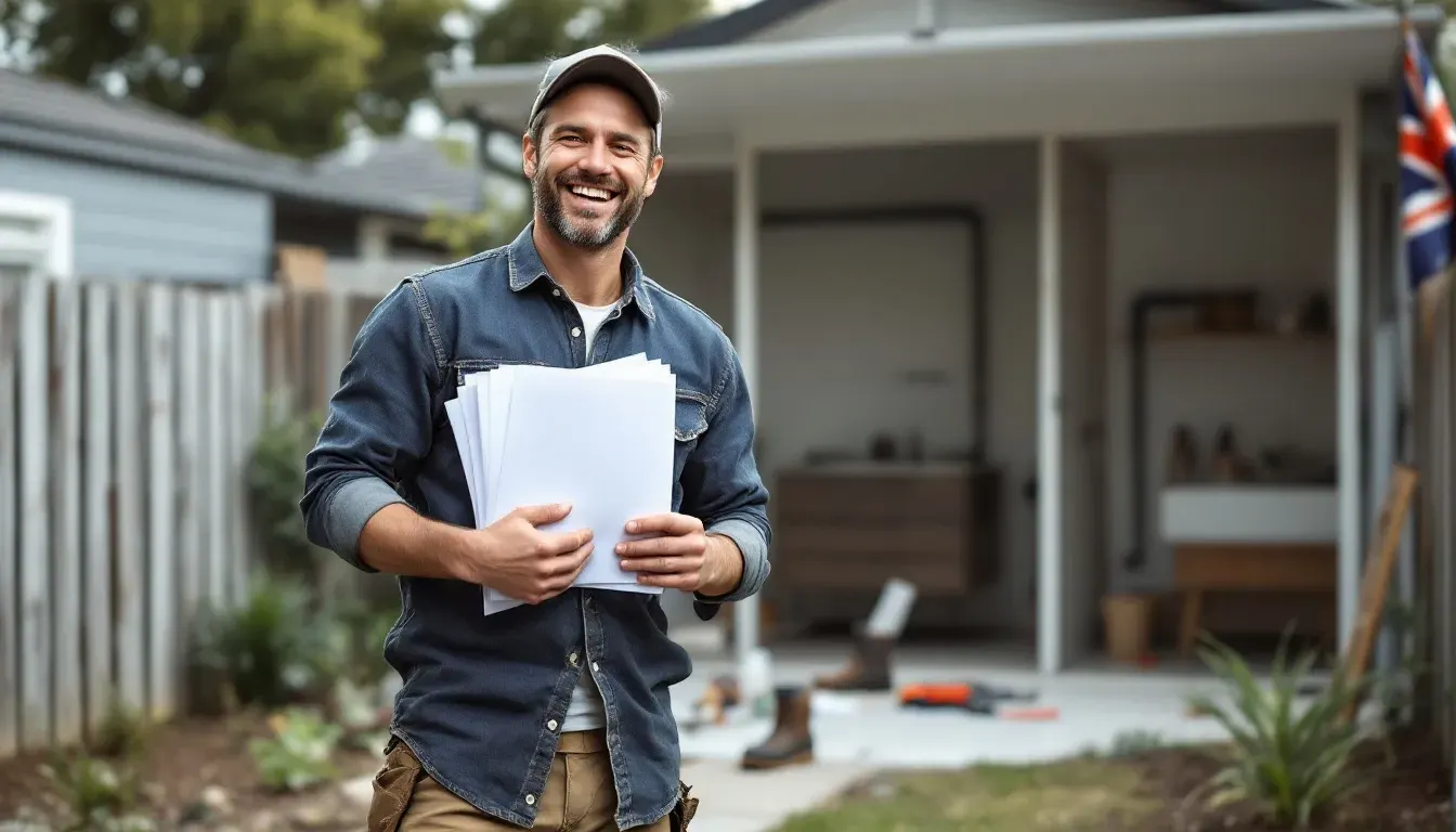 A tradesperson holding a stack of paperwork outside a house he is working on.