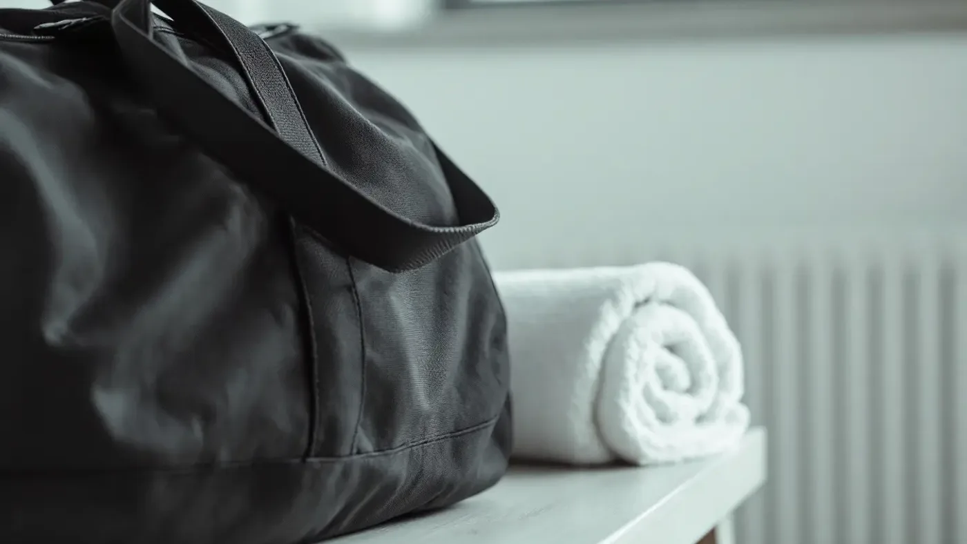 A dark canvas gym bag and a rolled white towel on a pale bench in soft light.