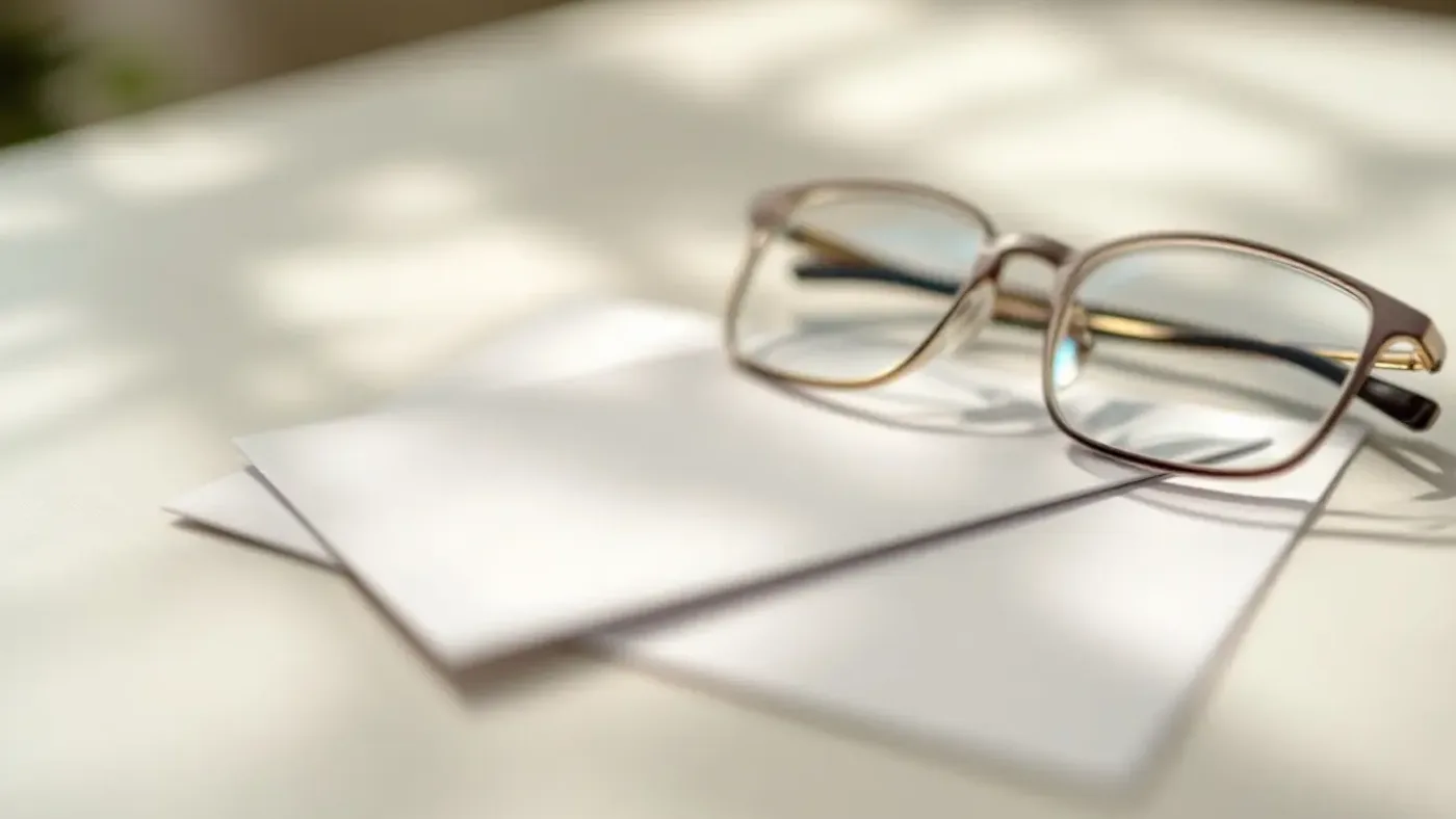 A plain white envelope and a pair of reading glasses on a pale benchtop in morning light.